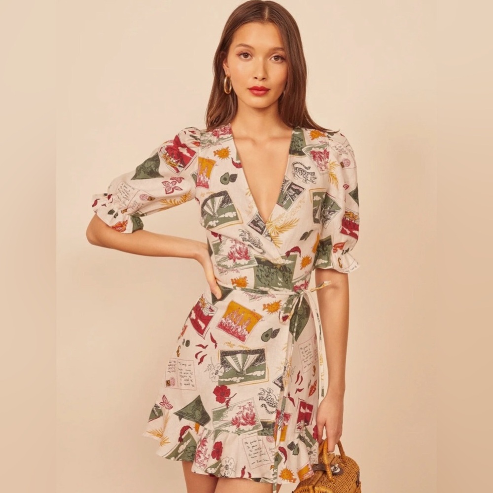 Reformation Carmelo Linen Wrap Dress in Vacaciones